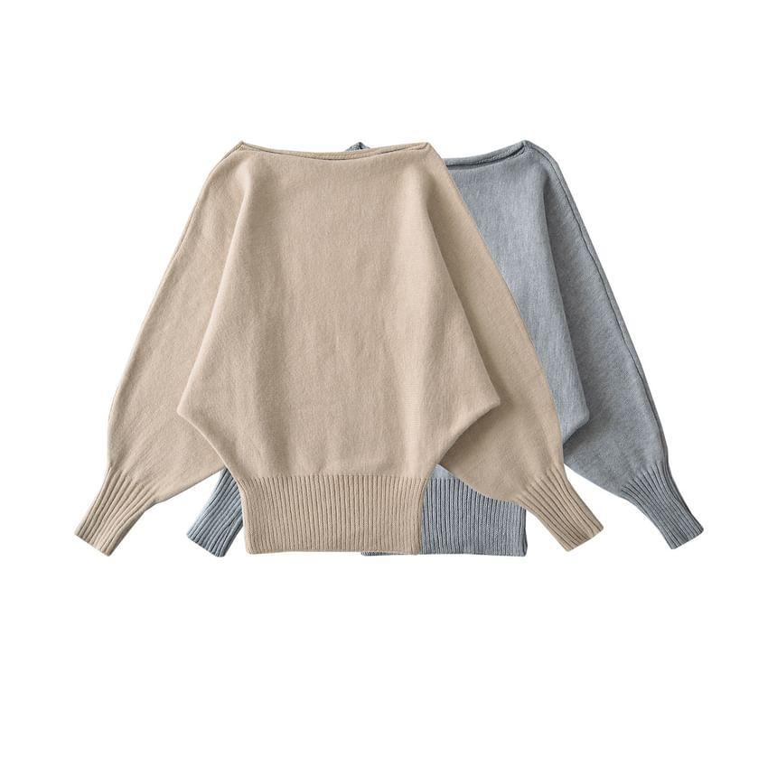 Set: Off-Shoulder Long-Sleeve Plain Pullover + High Waist Shorts Product Image