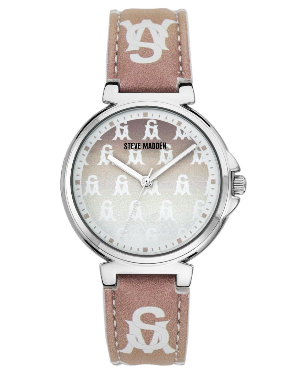 Steve Madden Womens Ombre Tan and White Polyurethane Leather Strap with Steve Madden Logo and Stitching Watch, 36mm - Tan, White Product Image