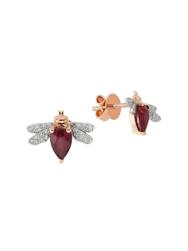 Womens Honey Bee 14K Rose Gold, Diamond & Ruby Earring Product Image