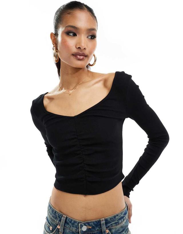 ASOS DESIGN ruched v front and back crop top in black Product Image