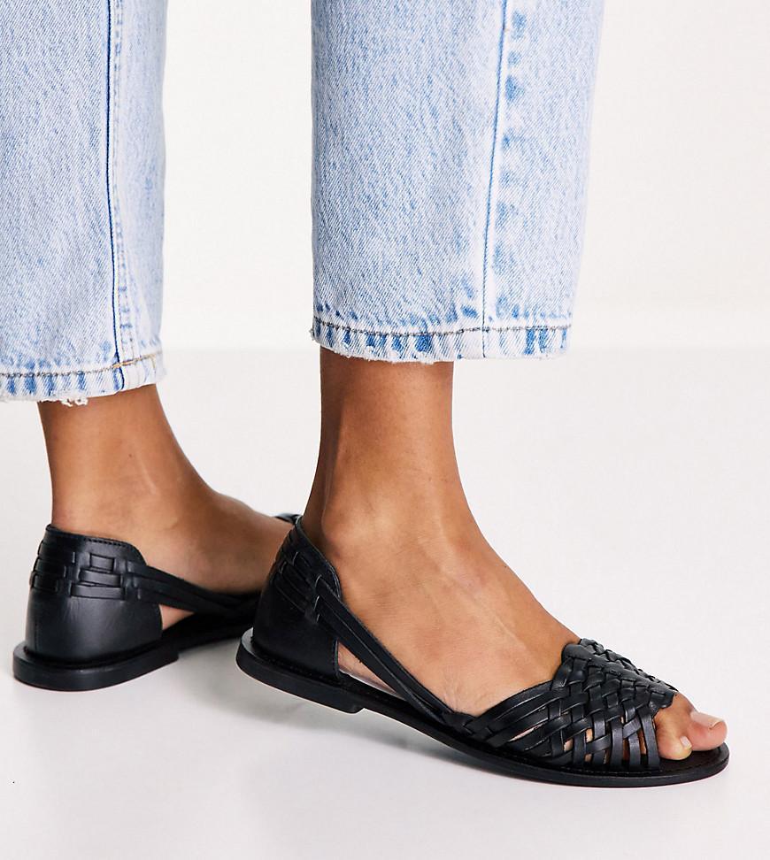 ASOS DESIGN Wide Fit Francis leather woven flat sandals in black Product Image