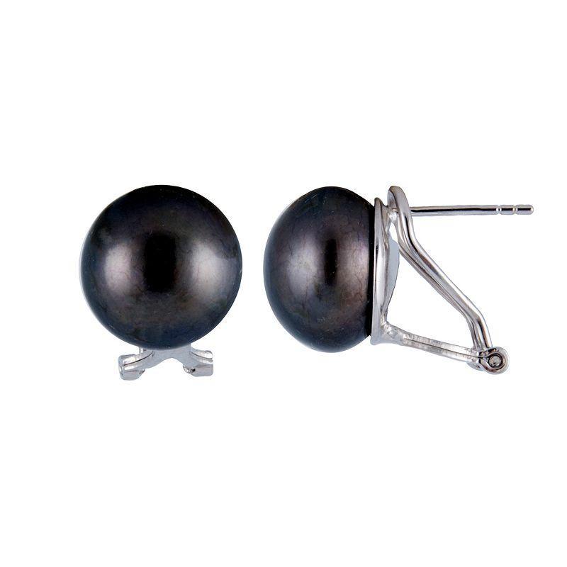 Cultured Freshwater Pearl Button Omega Stud Earrings, Womens, Black Product Image