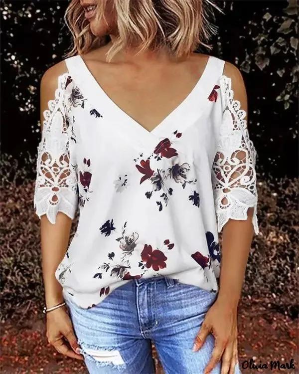 Olivia Mark – Off-the-shoulder top with floral print eyelet embroidery Product Image