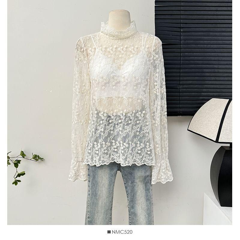 Stand-Collar Embroidery Sheer Lace Top Product Image