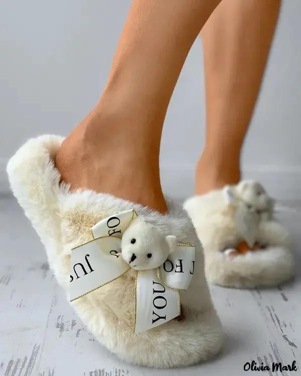 Olivia Mark – Bear Bowknot Decor Bandage Fluffy Slippers Product Image