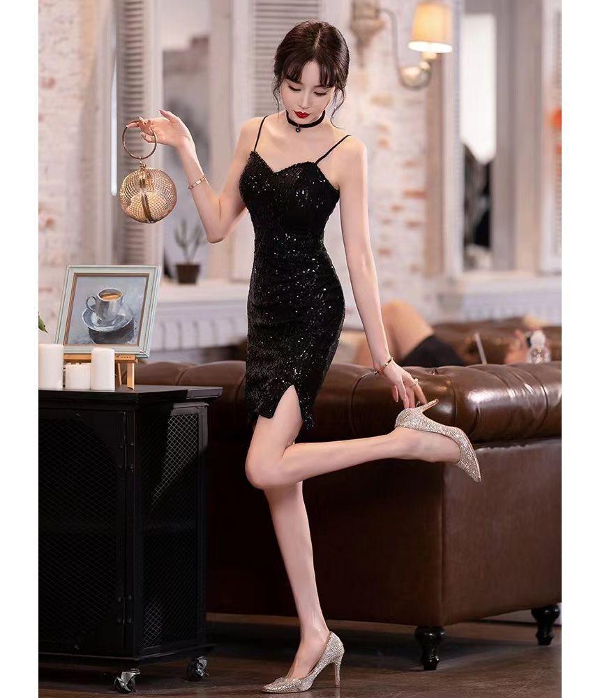 Spaghetti Strap V-Neck Glitter Slit Mini Sheath Party Dress Product Image