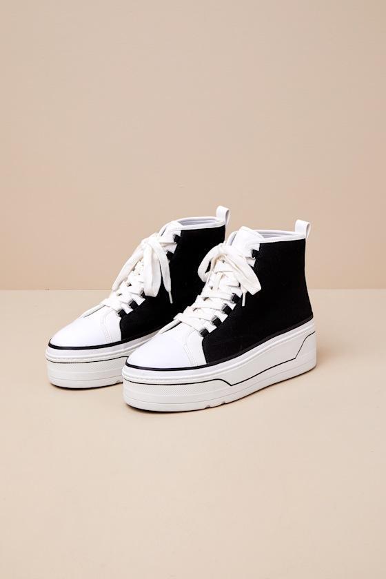 Eyekonn Black and White High Top Platform Lace-Up Sneakers Product Image