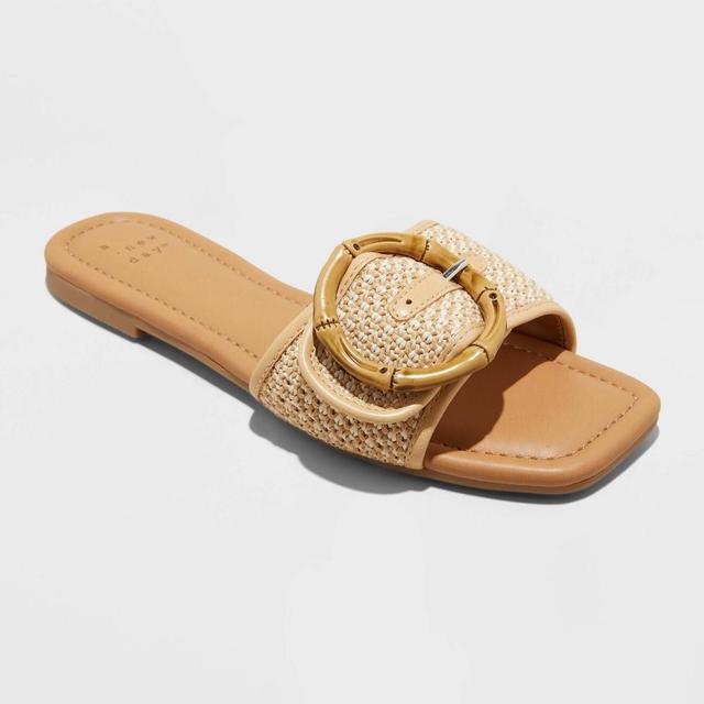 Womens Bennie Buckle Slide Sandals with Memory Foam Insole - A New Day Beige 6 Product Image