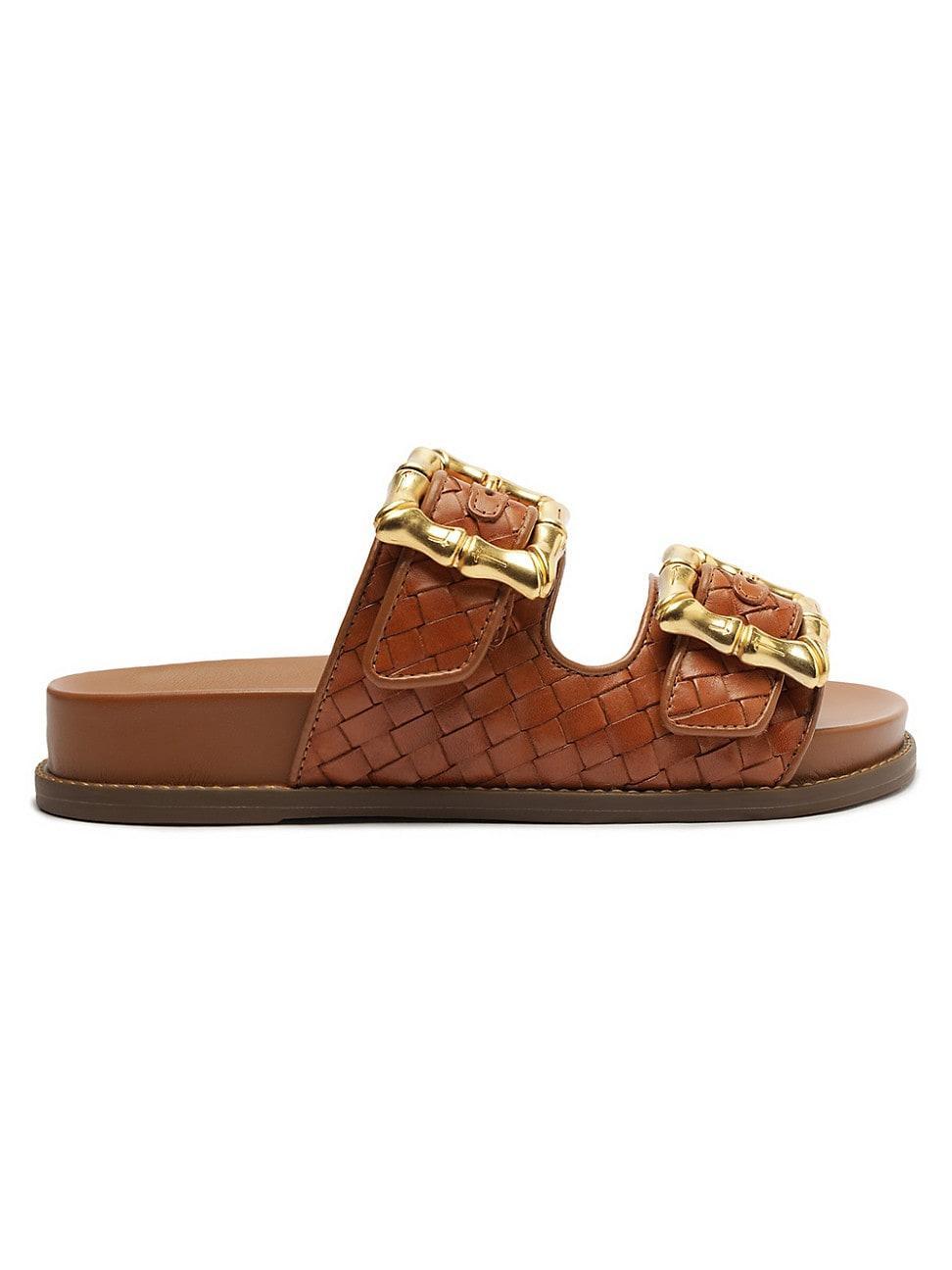 Schutz Enola Sporty Woven Leather Bamboo Buckle Detail Slide Sandals Product Image