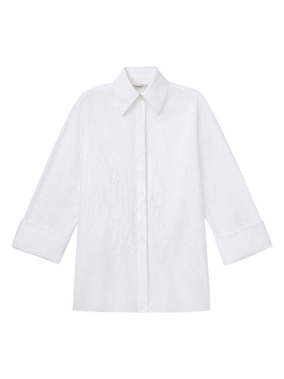 Womens Embroidered Cotton Poplin Foldover Cuff Oversized Shirt Product Image