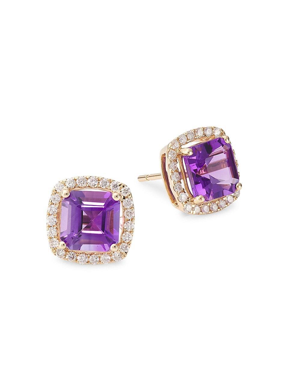 Womens 14K Gold, Diamond & Amethyst Stud Earrings Product Image