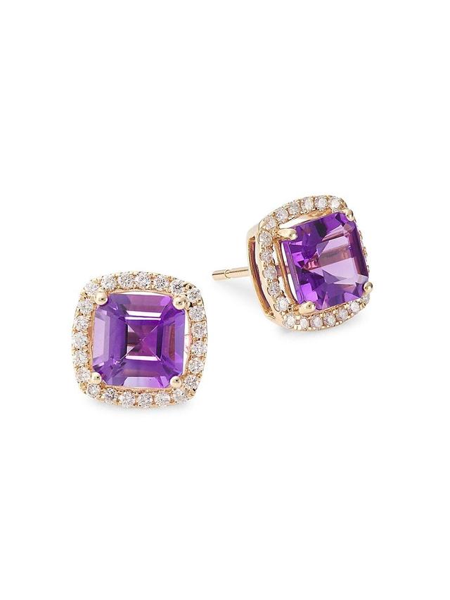 Womens 14K Gold, Diamond & Amethyst Stud Earrings Product Image