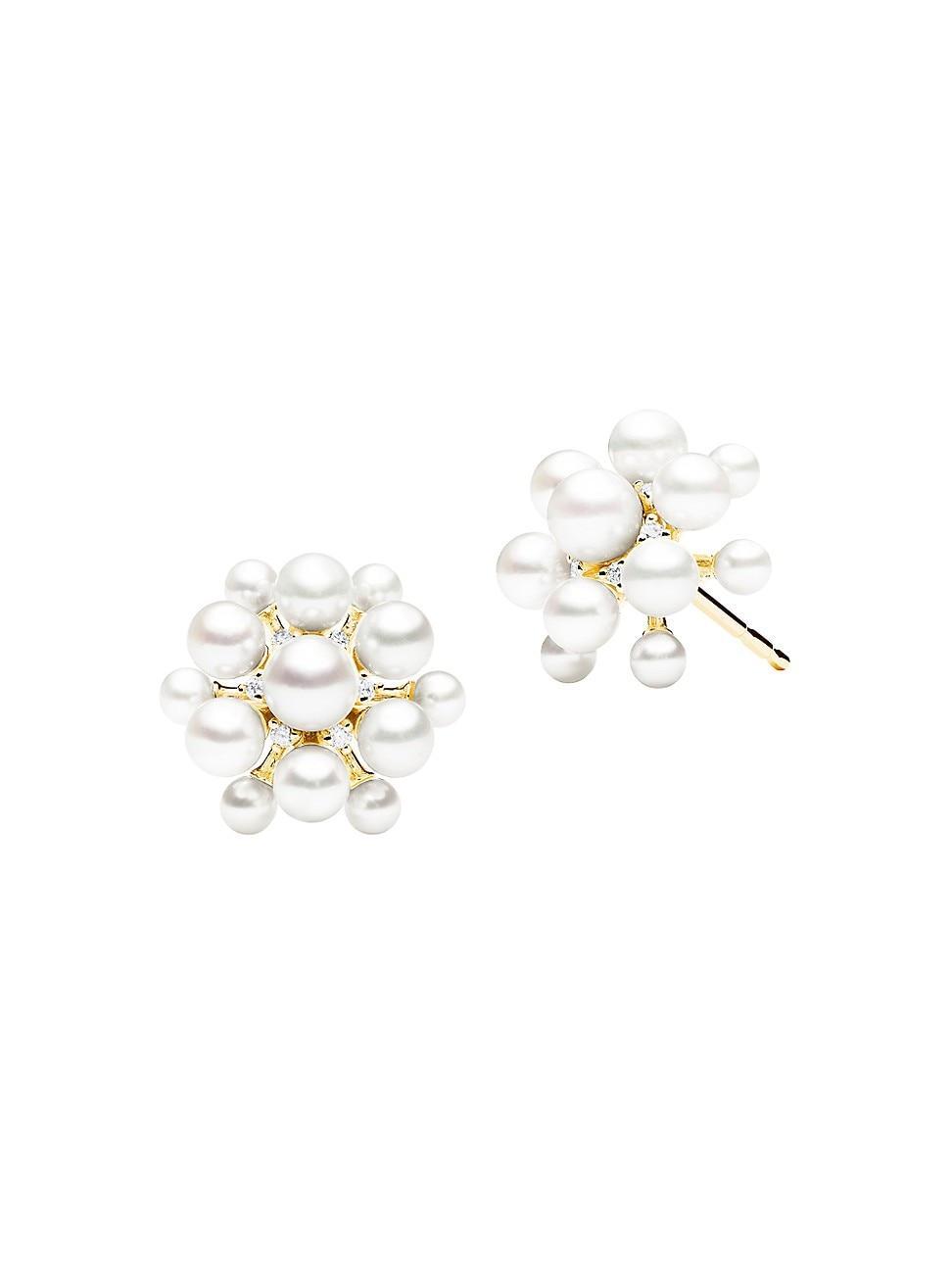 Womens Sequence Orbit 18K Yellow Gold, Akoya Pearl & 0.15 TCW Diamond Stud Earrings Product Image