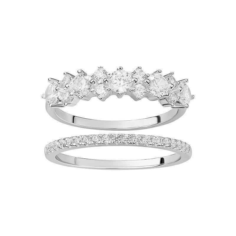 PRIMROSE Sterling Silver Cubic Zirconia Cluster Ring & Cubic Zirconia Band Ring Duo Set, Womens Product Image