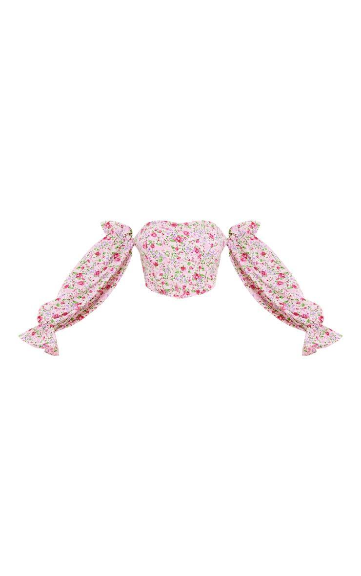 Pink Floral Boned Bardot Crop Top Product Image