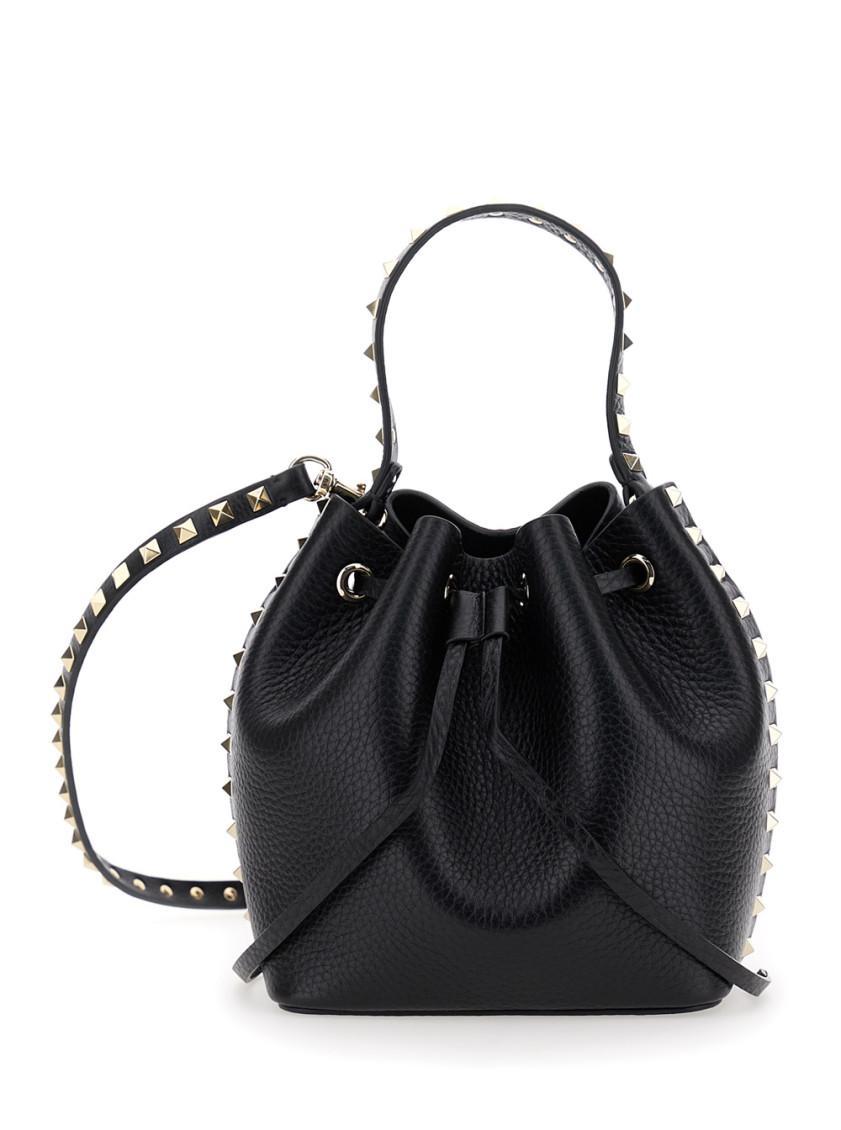 VALENTINO GARAVANI Black Rockstud Grainy Bucket Bag Product Image