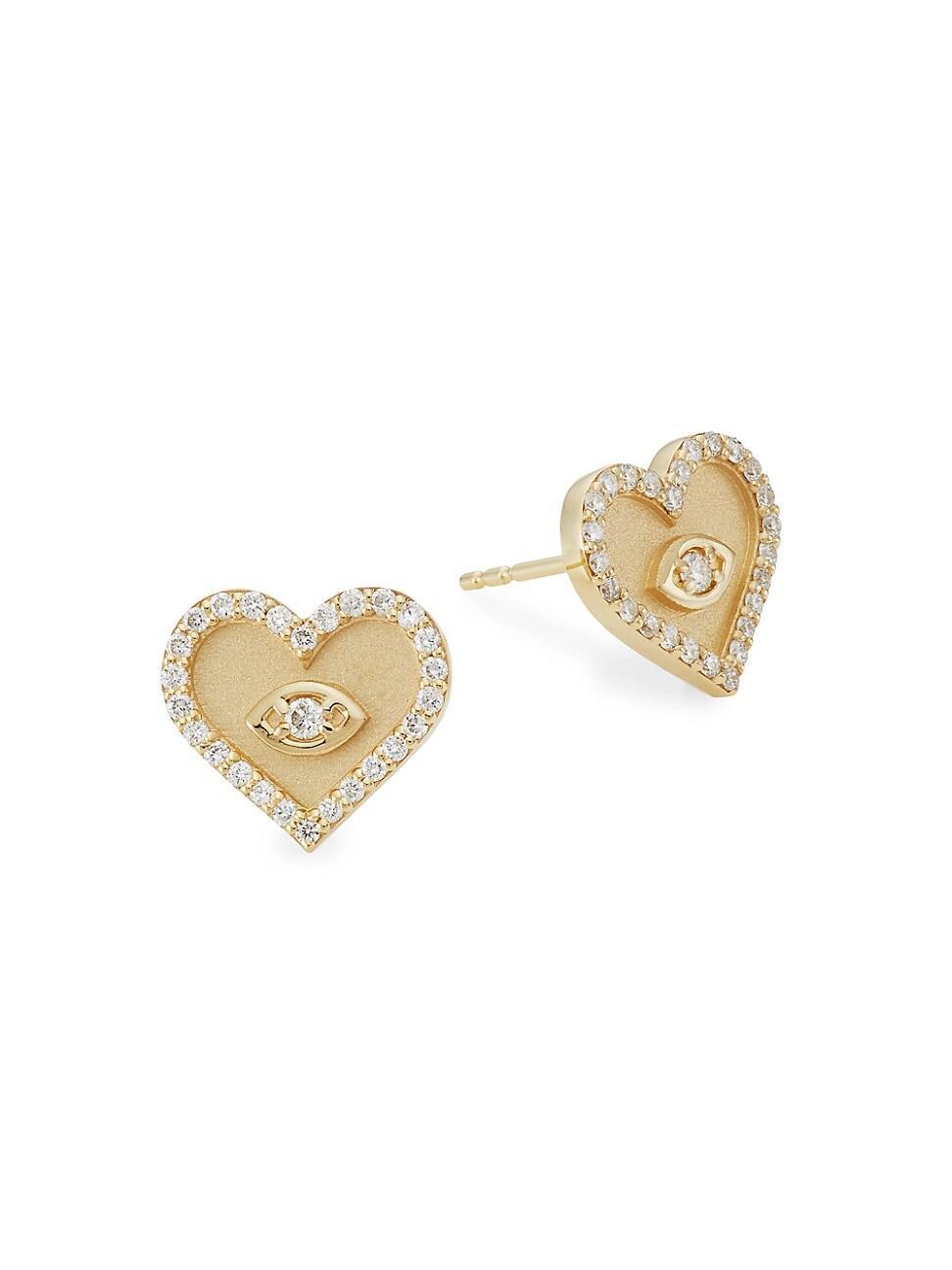 Womens 14K Yellow Gold & Diamond Evil-Eye Heart Stud Earrings Product Image