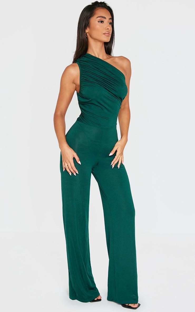 Petite Emerald Green One Shoulder Ruched Wide Leg Jumpsuit Product Image