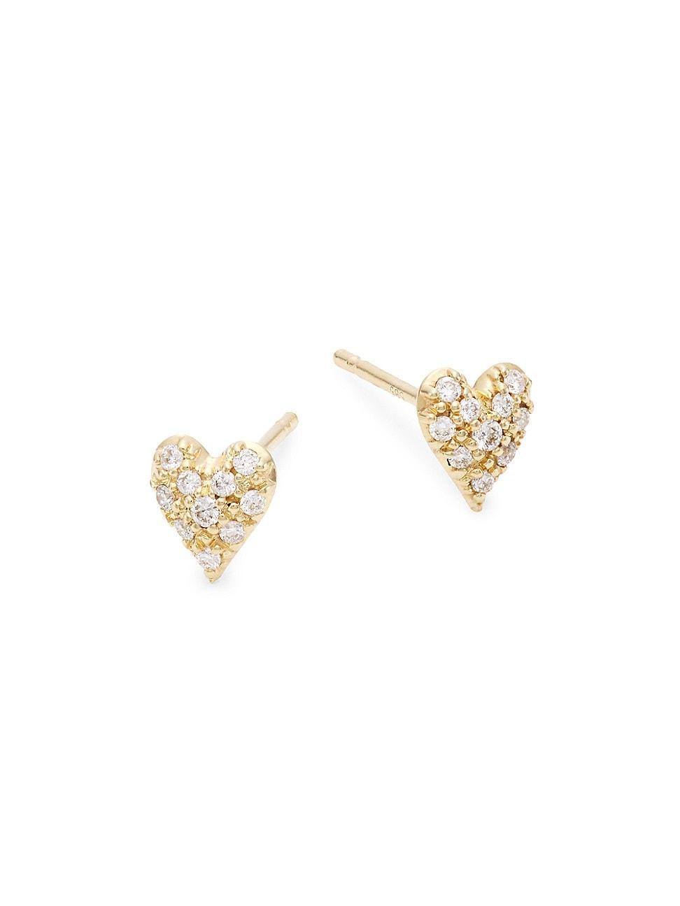 Womens 14K Gold & Diamond Heart Stud Earrings Product Image