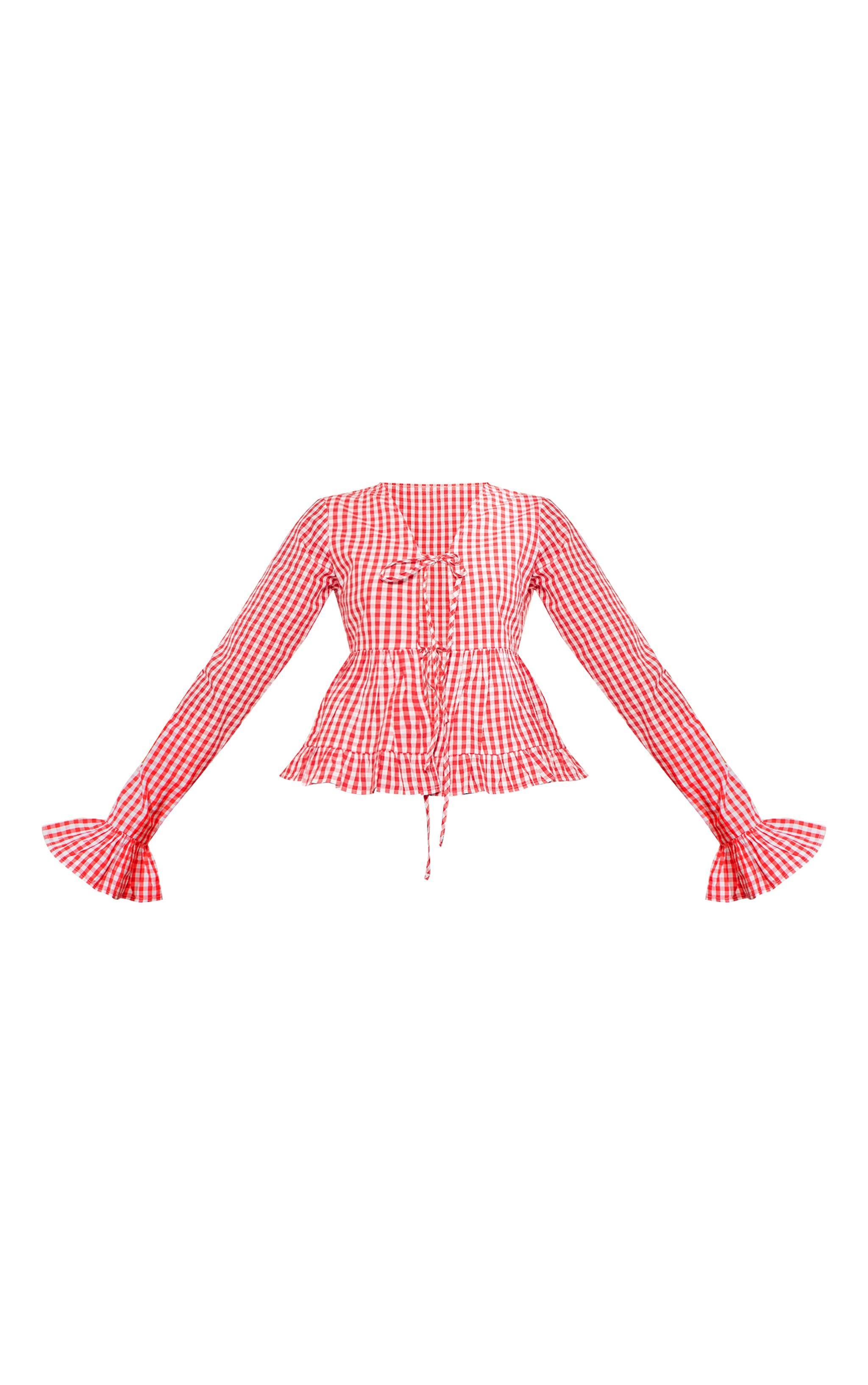 Red Checked Tie Front Flare Sleeve Shirt Product Image