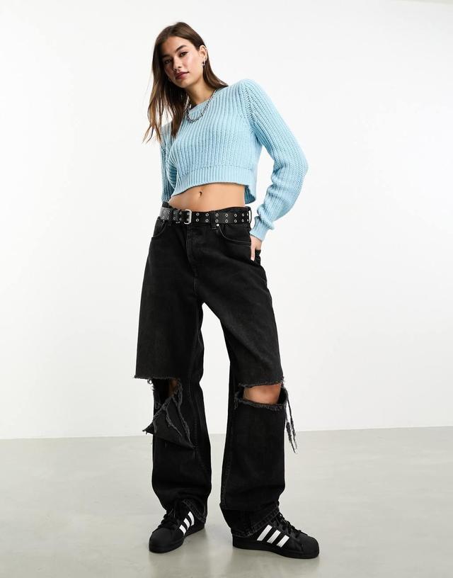 Only cropped ribbed sweater in light blue  Product Image