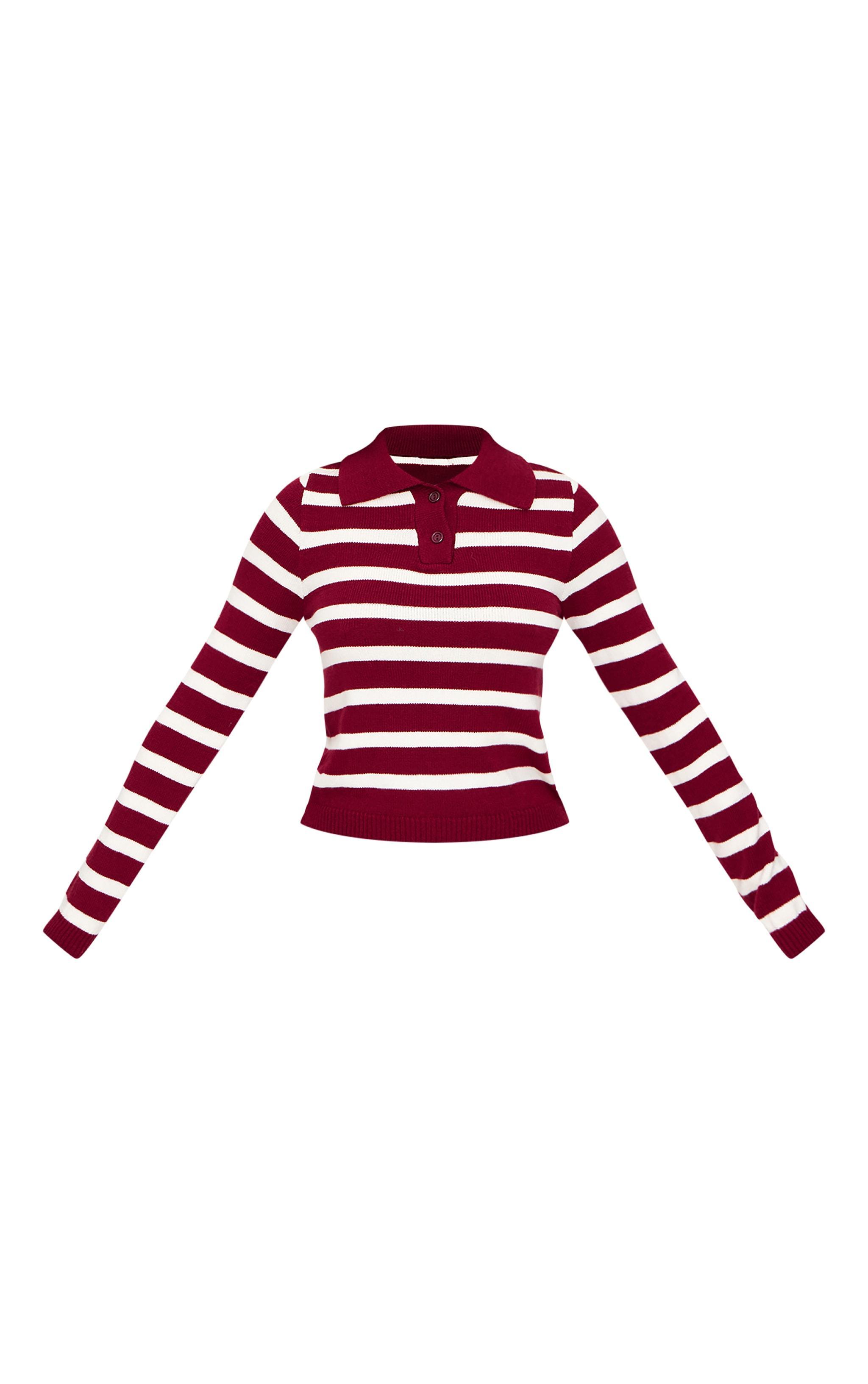 Petite Burgundy Knitted Stripe Collar Detail Long Sleeve Top Product Image