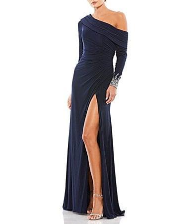 Long-sleeve Beaded Cuff Asymmetric Jersey Wrap Gown In Midnight Product Image