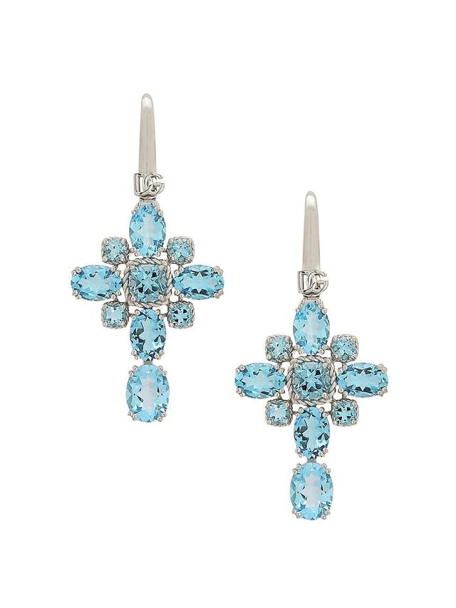 Womens Cross 18K White Gold & Swiss Blue Topaz Cross Drop Earrings Product Image