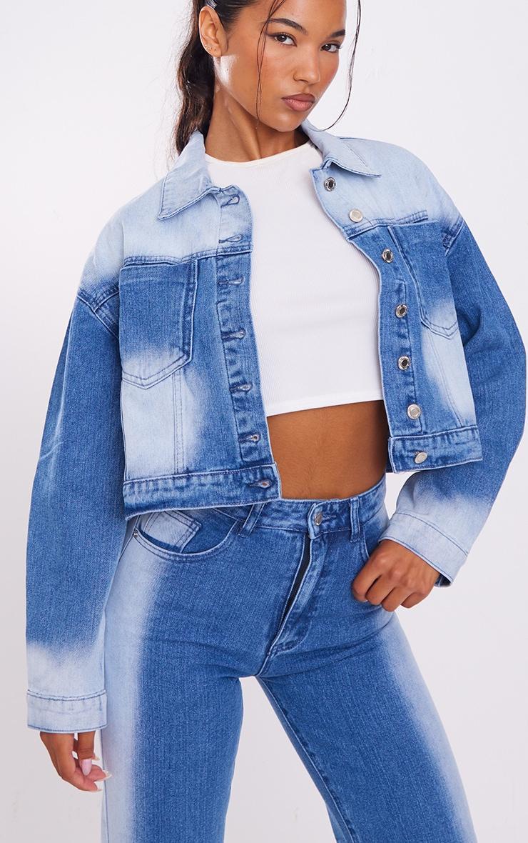 Mid Blue Wash Bleach Detail Crop Jacket Product Image