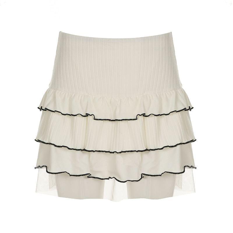 High Rise Ribbed-Knit Layered Mesh Panel Mini Pencil Skirt product image