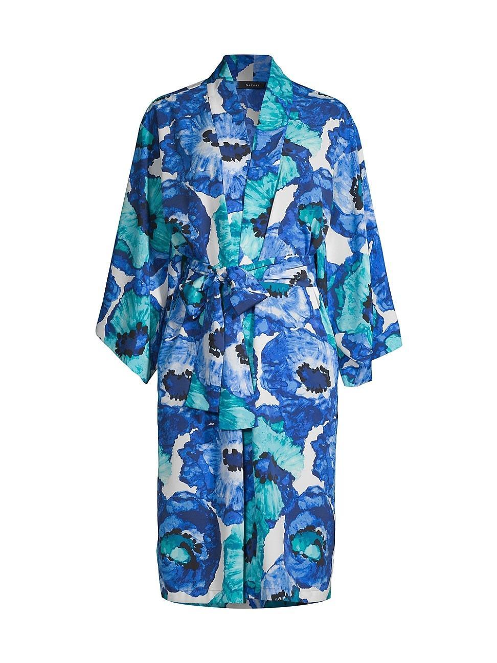 Natori Poppy Satin Robe (Blue Combo) Women's Robe Product Image