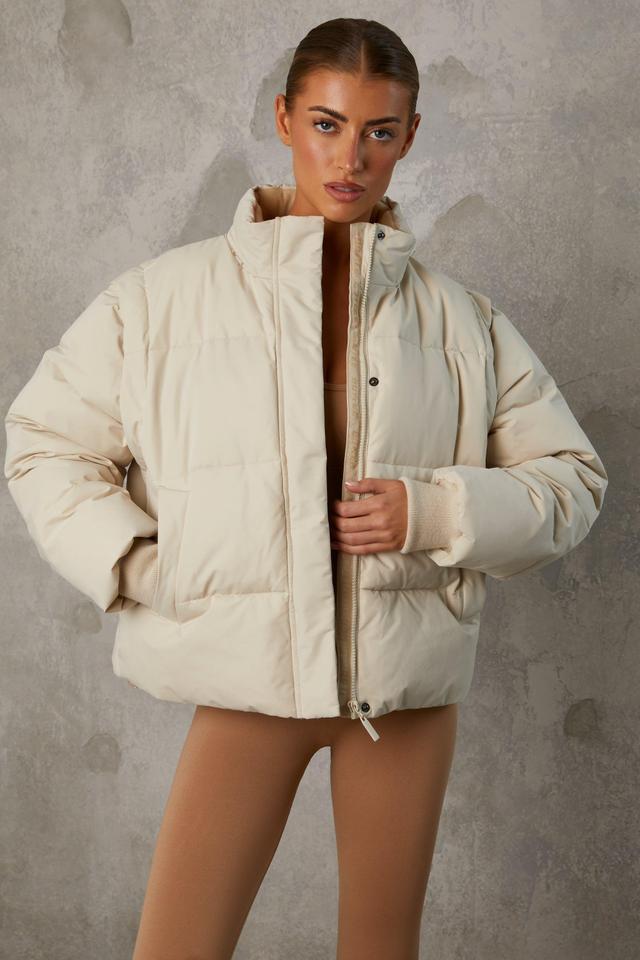 Cropped Puffer Jacket with Detachable Sleeves in Sand Product Image