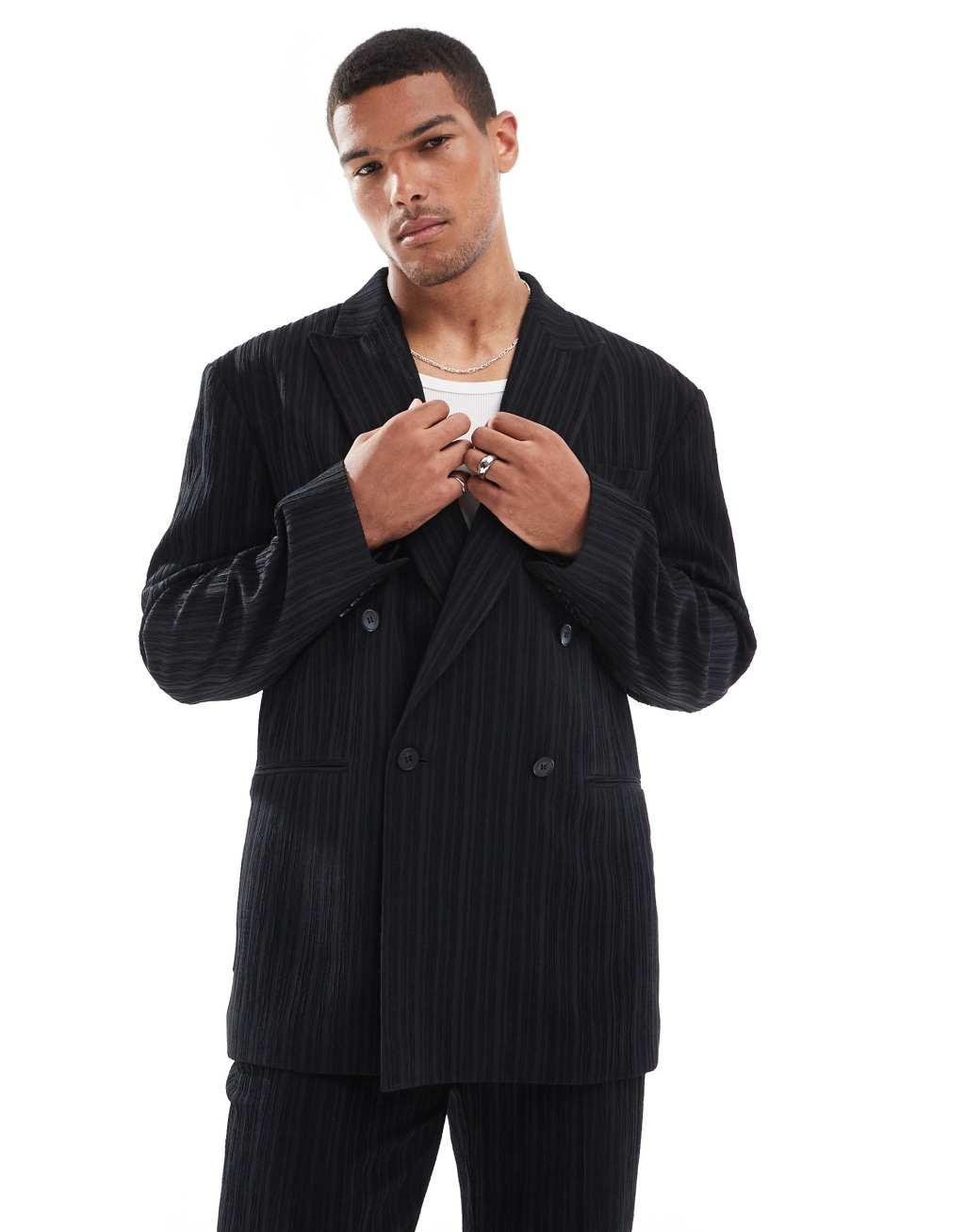 ASOS DESIGN relaxed double breasted suit jacket in black textured fabric Product Image