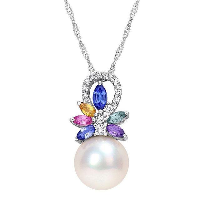 Stella Grace 14k White Gold Freshwater Cultured Pearl, Multicolor Sapphire & Diamond Accent Flower Necklace, Womens Product Image