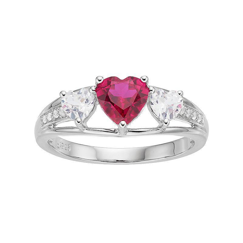 Sterling Silver Lab-Created Ruby & White Sapphire Triple Heart Ring, Womens Red Product Image