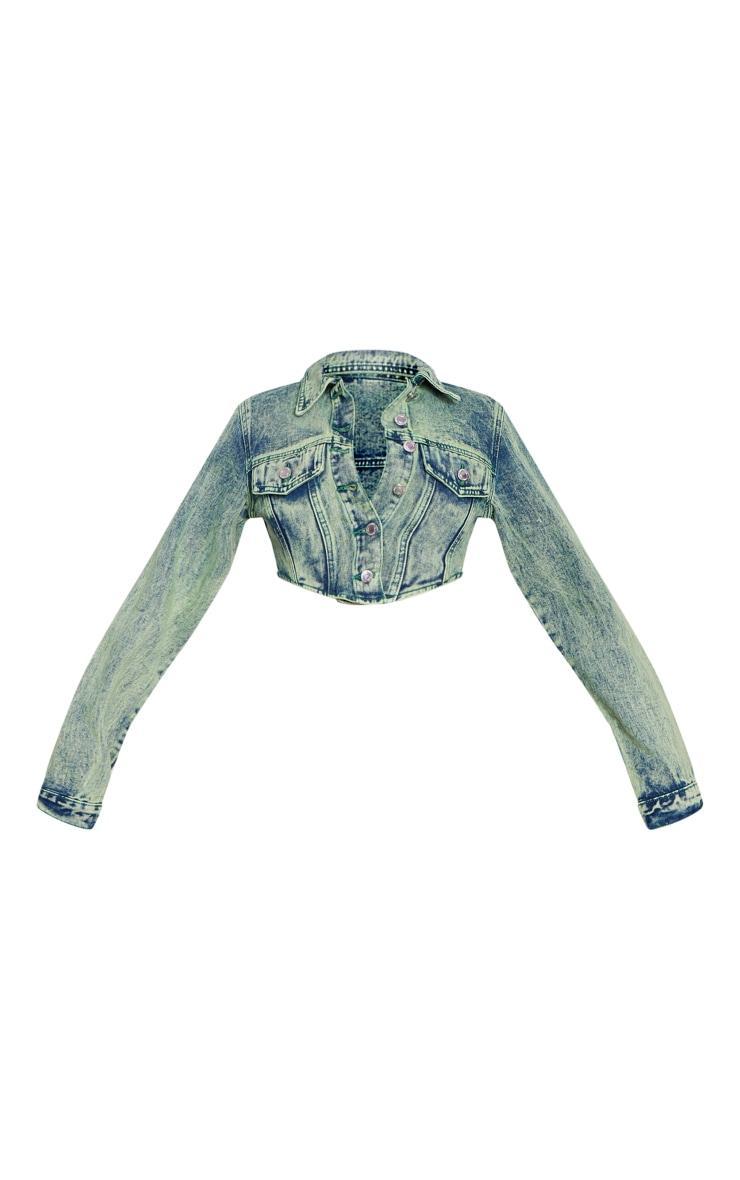 Vintage Wash Green Tint Dipped Hem Denim Jacket Product Image