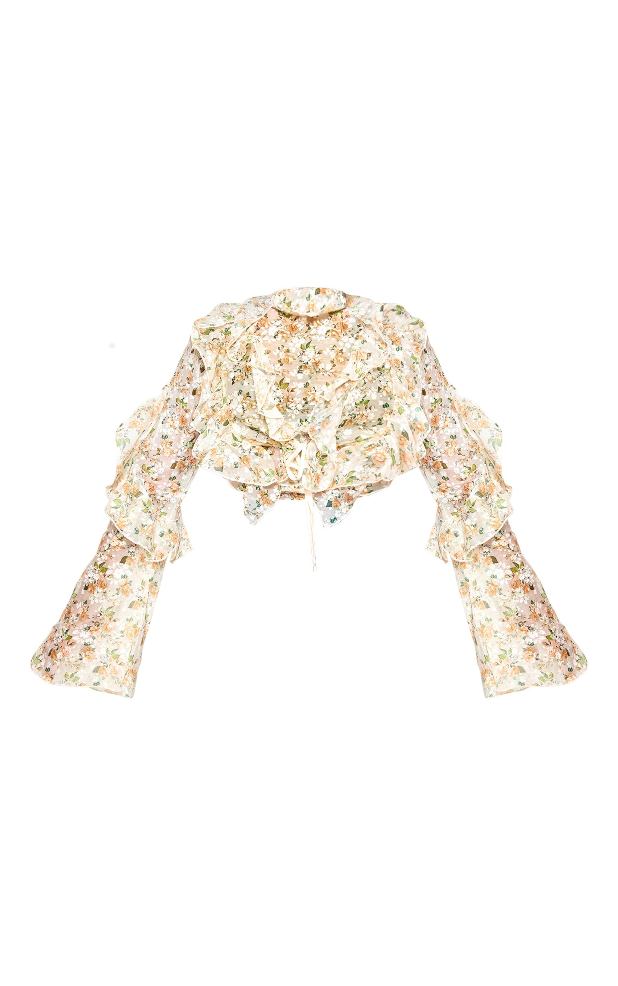 Plus Beige Plus Floral Sheer Woven Ruffle Tie Crop Blouse Product Image