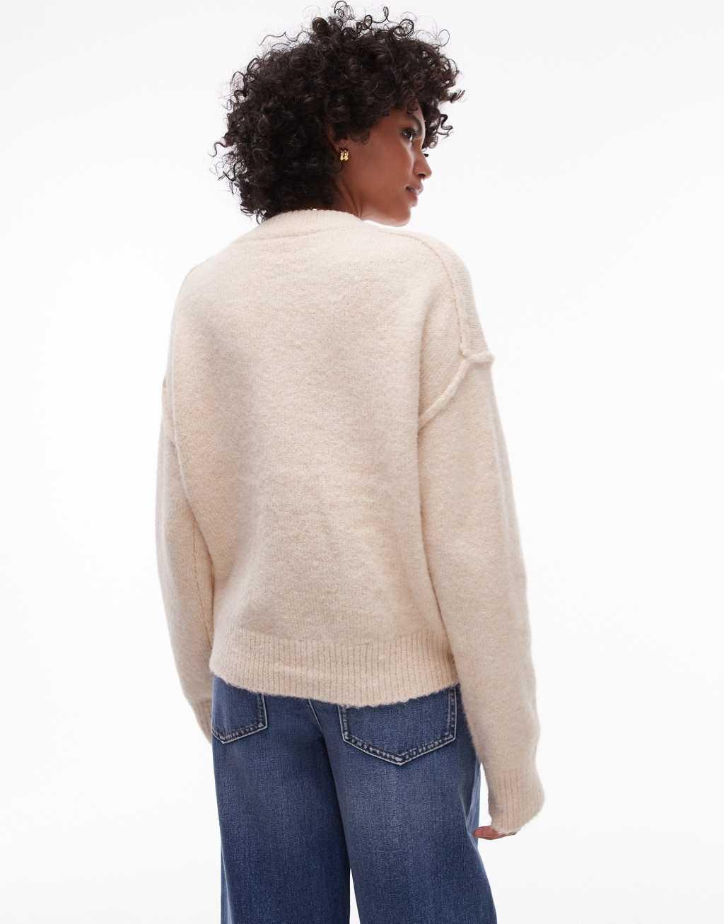 Topshop knitted exposed seam crew cardi with pockets in cream Product Image