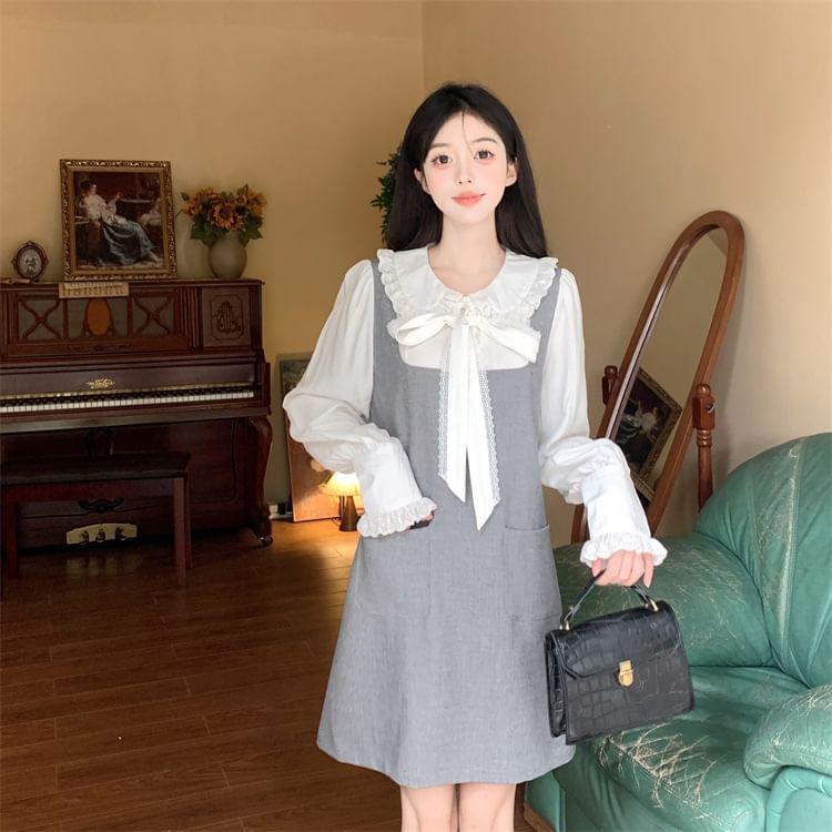 Mock Two-Piece Long-Sleeve Collar Two Tone Bow A-Line Dress Product Image