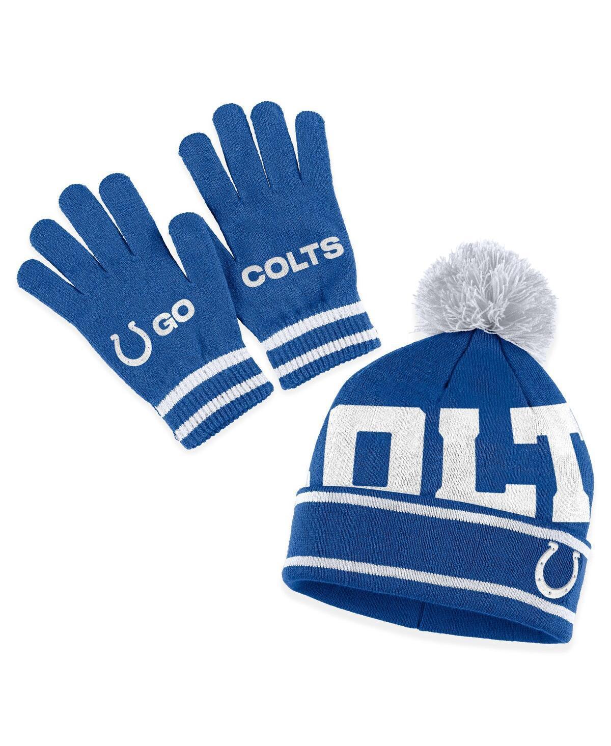 Womens WEAR by Erin Andrews Royal Indianapolis Colts Double Jacquard Cuffed Knit Hat with Pom and Gloves Set Product Image