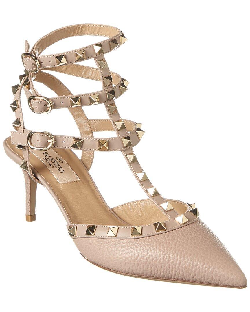 Rockstud Caged 65 Grainy Leather Ankle Strap Pump In Pink Product Image