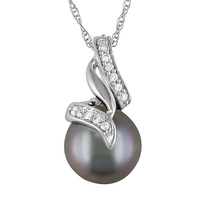 10k White Gold 1/10-ct. T.W. Diamond and Tahitian Cultured Pearl Swirl Pendant, Womens, Size: 17, Black Product Image