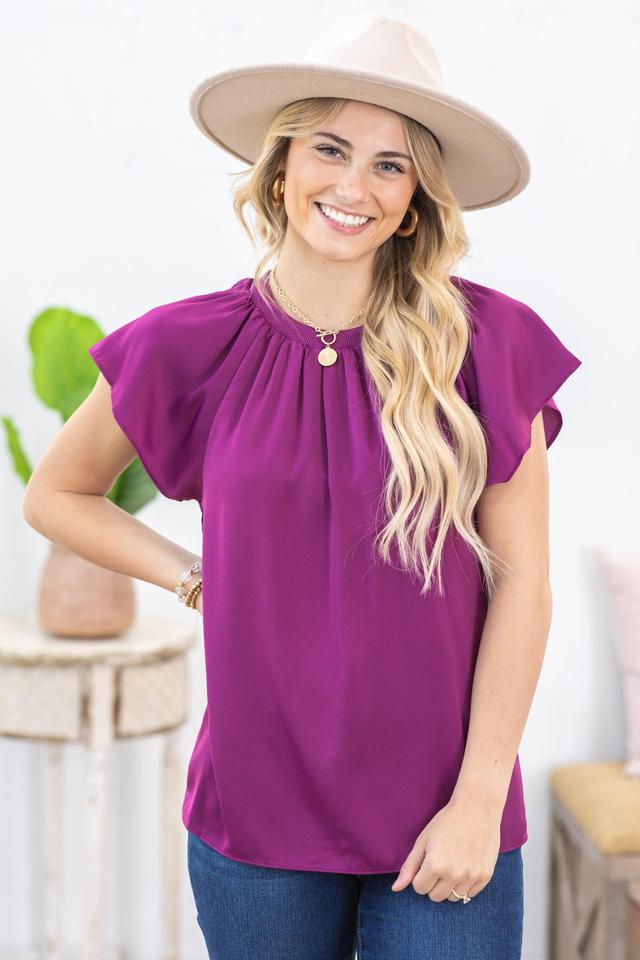 Berry Pleated Flutter Sleeve Satin Woven Top Product Image