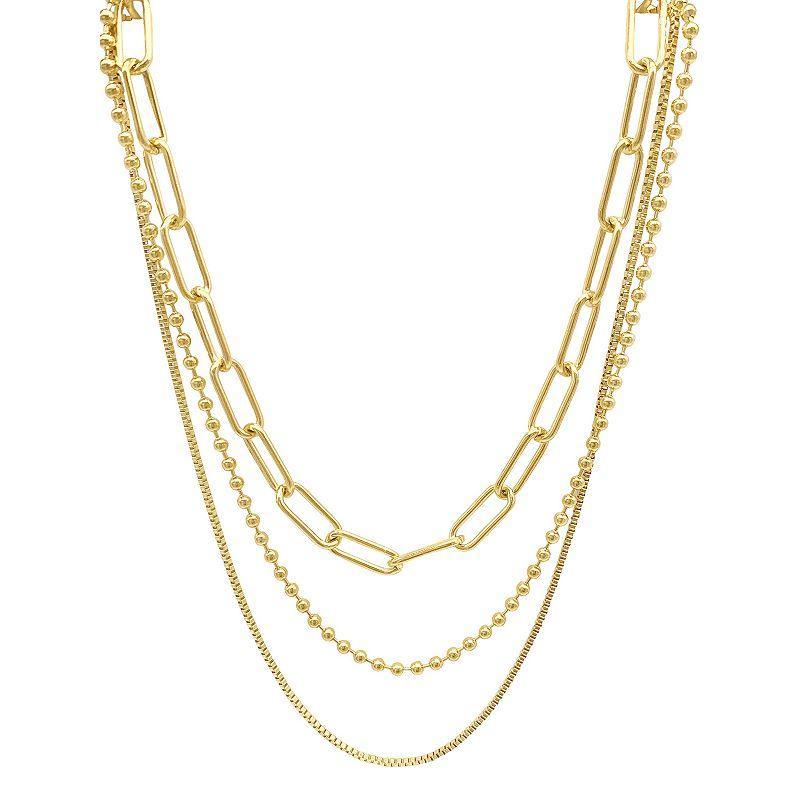 Adornia 14k Gold Plated Stainless Steel Box Chain, Ball Chain, & Oversized Paper Clip Chain Necklace Set, Womens Yellow Product Image