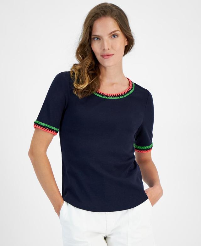 Nautica Jeans Womens Cotton Crochet-Trim Short-Sleeve T-Shirt Product Image