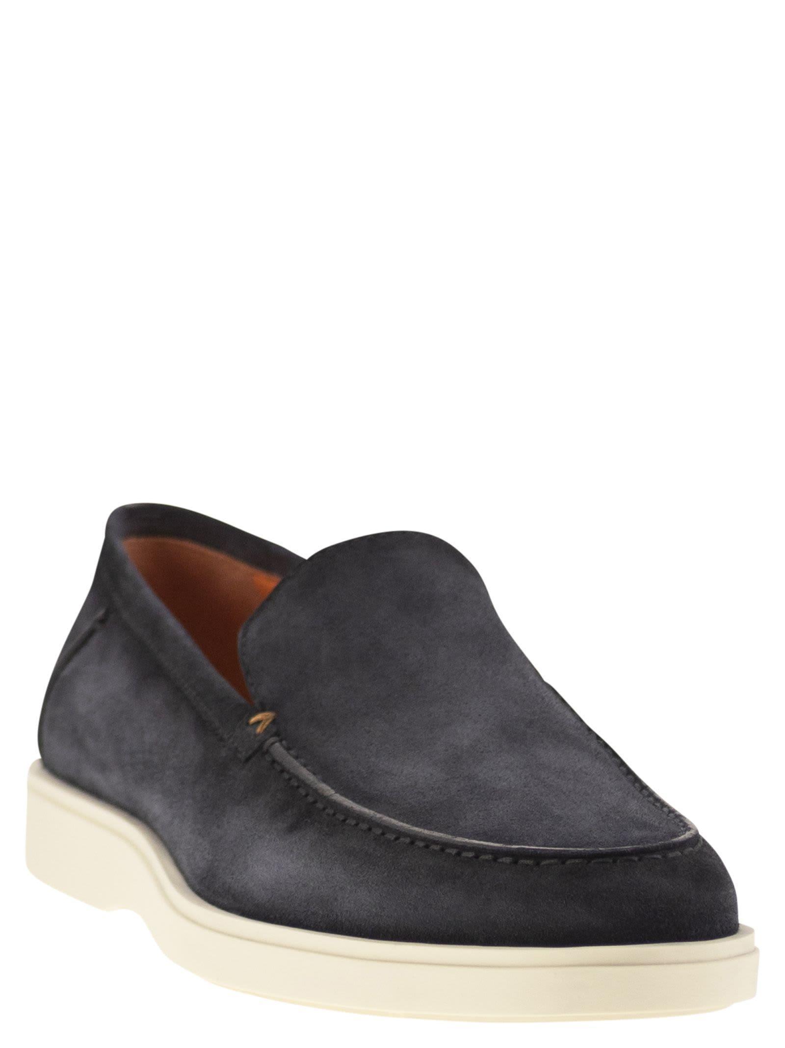 SANTONI Almond-toe Suede Loafers In Blue Product Image