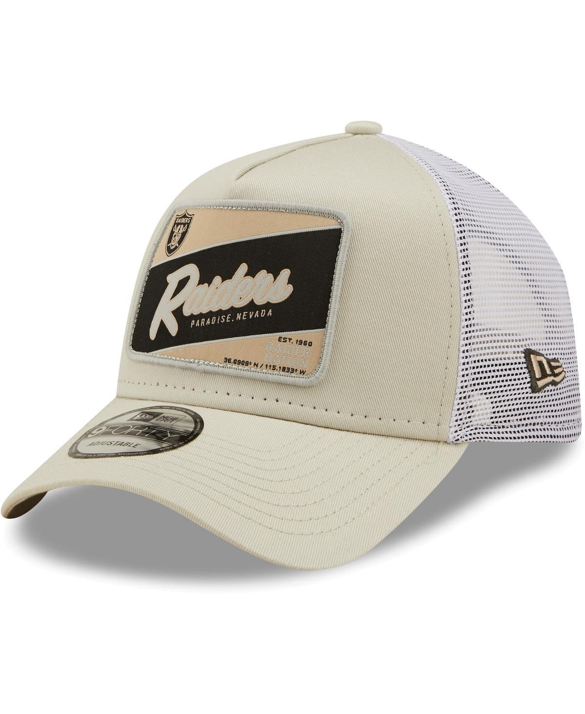 Mens New Era Khaki/White Las Vegas Raiders Happy Camper A-Frame Trucker 9FORTY Snapback Hat Product Image