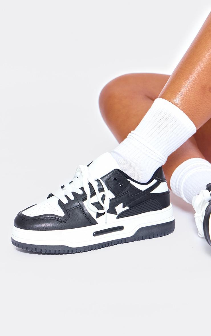 Black and White Star Flat Sole Lace Up Sneakers Product Image