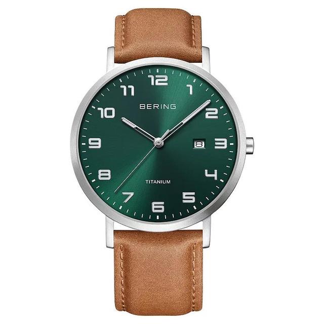 BERING Mens Titanium Leather Strap Watch - 18640-568 Green Brown Product Image