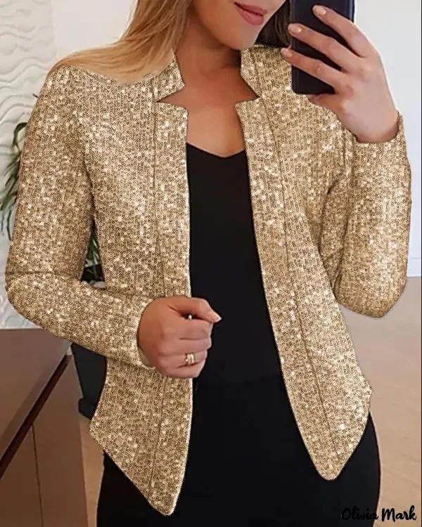 Olivia Mark – V-Cut Long Sleeve Sequin Blazer Coat Product Image